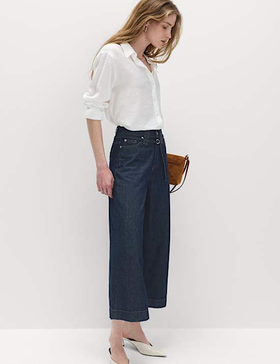 Denim High Waisted Belted Wide Leg Culottes