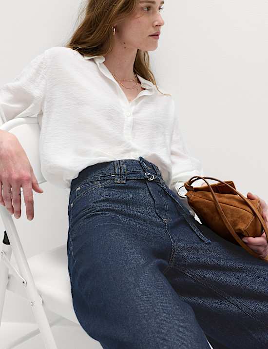 Denim High Waisted Belted Wide Leg Culottes