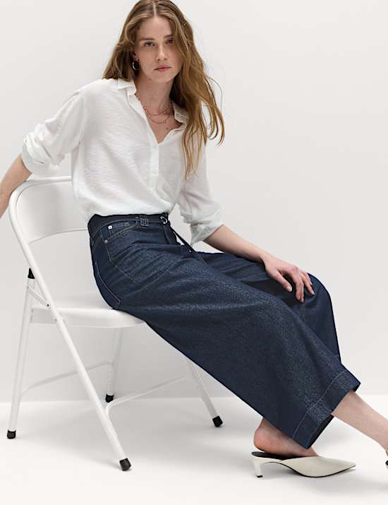 Denim High Waisted Belted Wide Leg Culottes