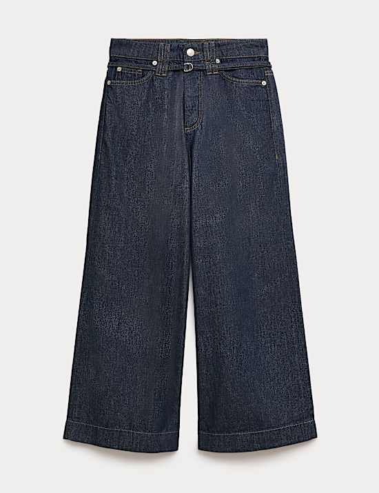 Denim High Waisted Belted Wide Leg Culottes