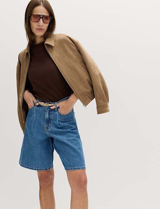 Denim Pleat Front Wide Shorts