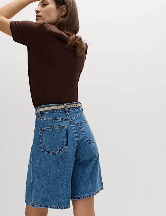Denim Pleat Front Wide Shorts