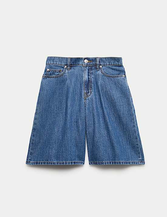 Denim Pleat Front Wide Shorts
