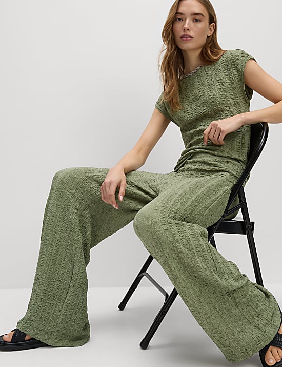 Textured Elasticated Waist Wide Leg Trousers