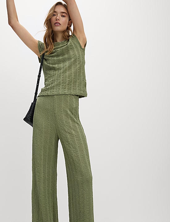 Pantalon coupe large textur&eacute; &agrave; ceinture &eacute;lastique