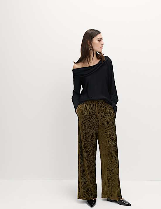 Velvet Crinkle Wide Leg Trousers