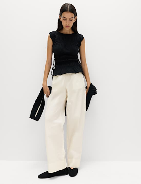 Pantalon jambe droite en popeline 100 % coton &agrave; taille &eacute;lastique