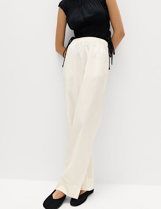 Pantalon jambe droite en popeline 100 % coton &agrave; taille &eacute;lastique