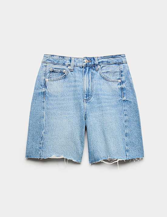 Denim-Shorts mit mittelhohem Bund, Barrel-Leg und unvers&auml;ubertem Saum