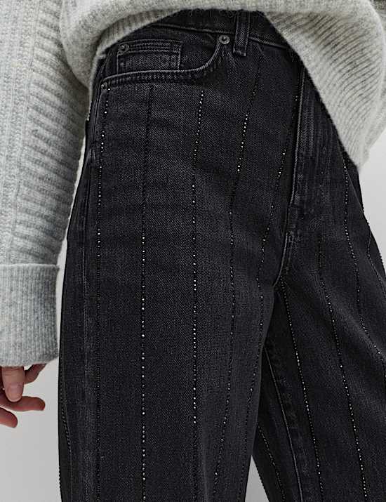 ג'ינס פסים מעוטר בגזרה רחבה וגבוהה