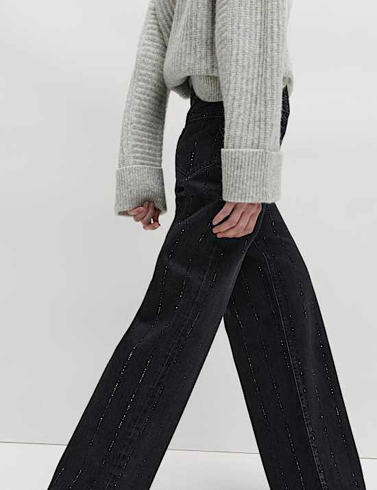 ג'ינס פסים מעוטר בגזרה רחבה וגבוהה