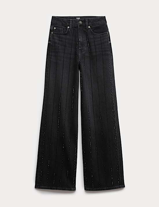 ג'ינס פסים מעוטר בגזרה רחבה וגבוהה