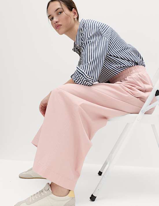 Pure Cotton Poplin Pull On Super Wide Leg Trousers