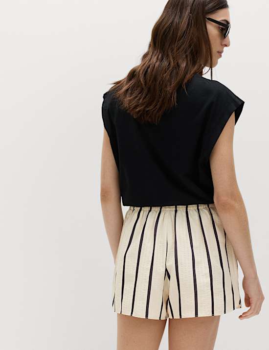 Cotton Blend Seersucker Striped Shorts