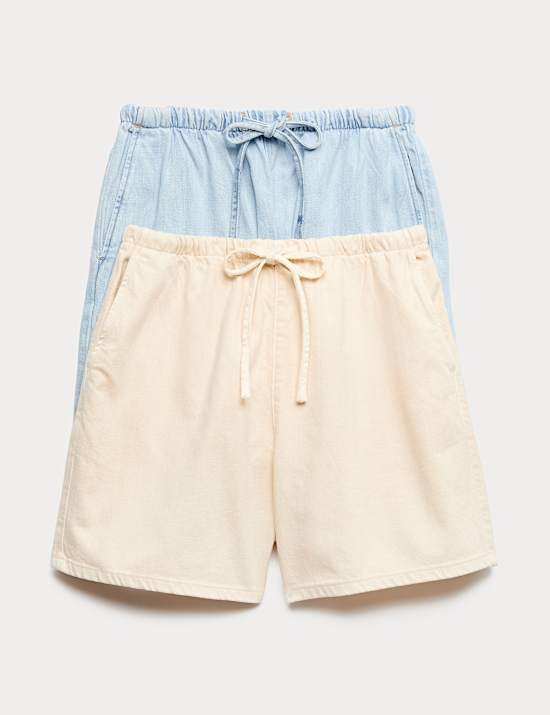 Lot de 2 shorts en coton denim &agrave; taille &eacute;lastique