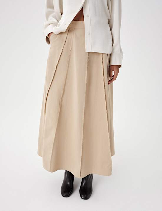 Pure Cotton Frayed Midi Panelled Circle Skirt