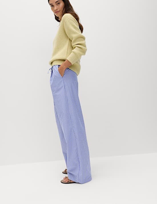 Pure Cotton Striped Drawstring Wide Leg Trousers