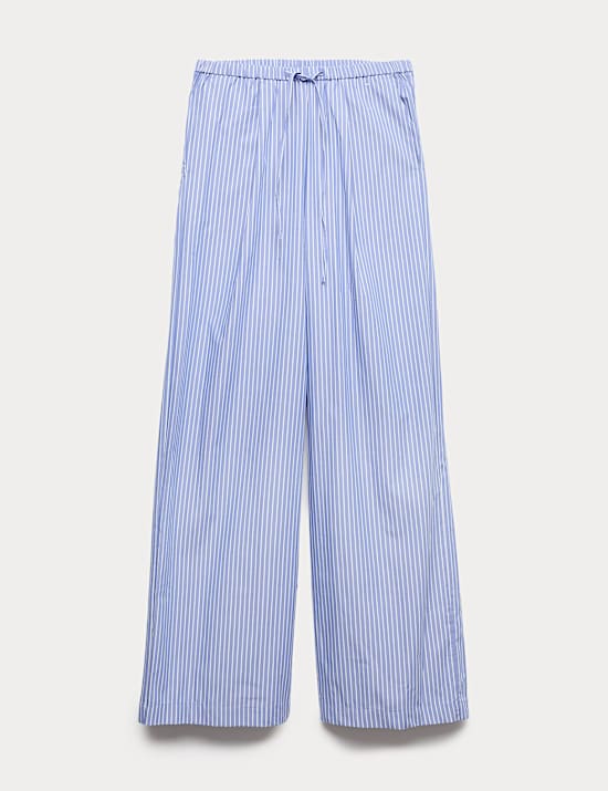 Pure Cotton Striped Drawstring Wide Leg Trousers