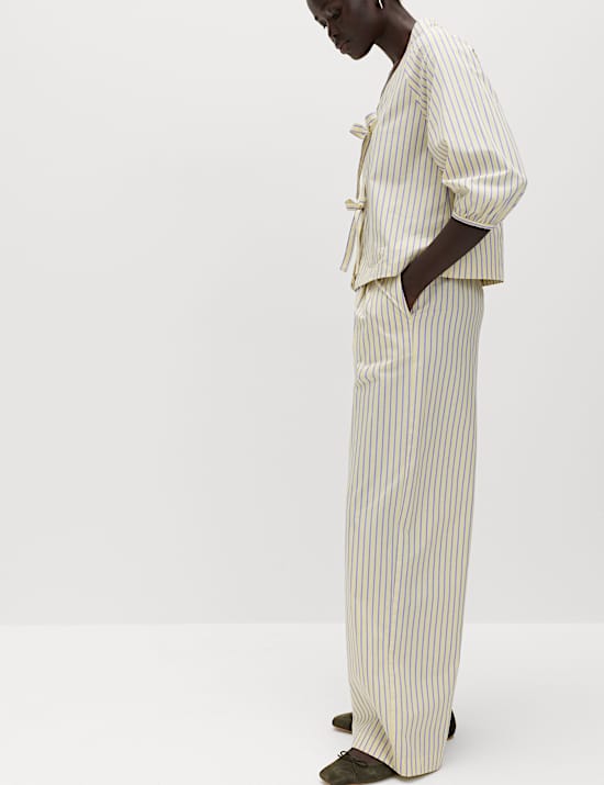 Pure Cotton Striped Drawstring Wide Leg Trousers