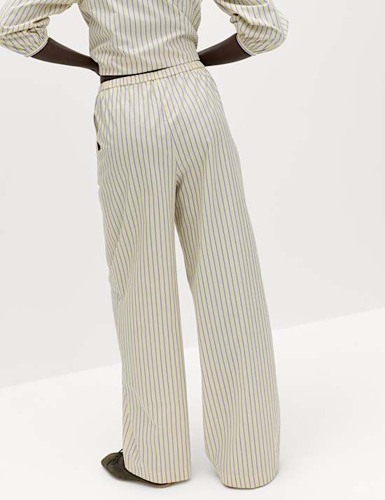 Pure Cotton Striped Drawstring Wide Leg Trousers