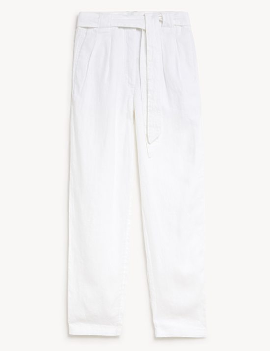Pure Linen Belted Tapered Trousers