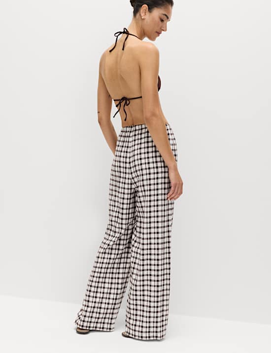 Hose mit hohem Leinenanteil und mit weitem Bein in Gingham-Muster