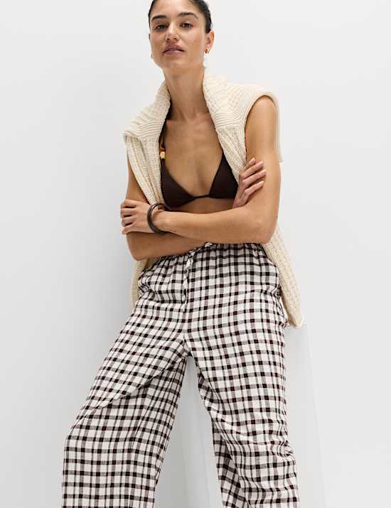 Hose mit hohem Leinenanteil und mit weitem Bein in Gingham-Muster