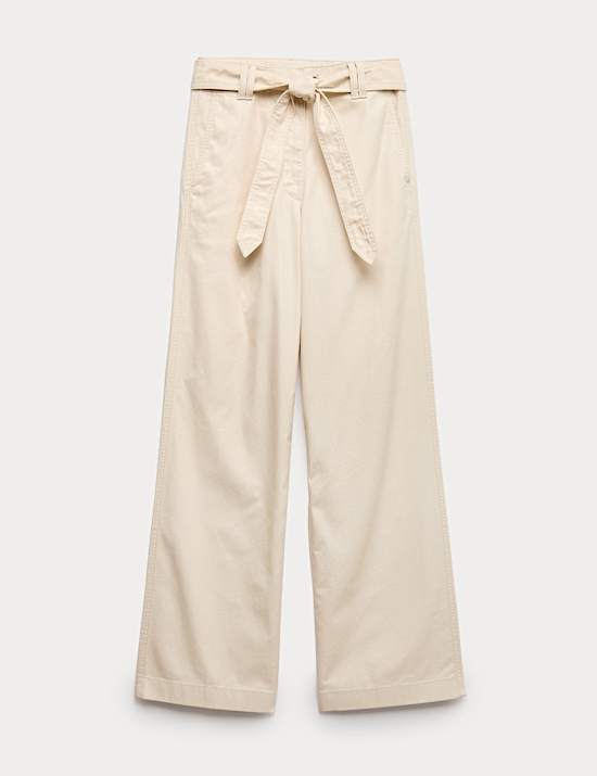 Pure Cotton Belted Straight Leg Trousers
