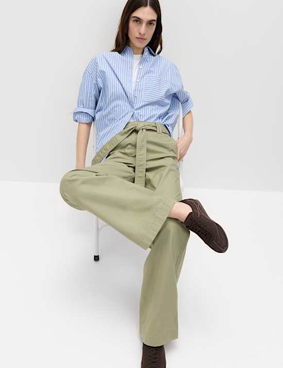 Pantalon jambe droite 100 % coton avec ceinture