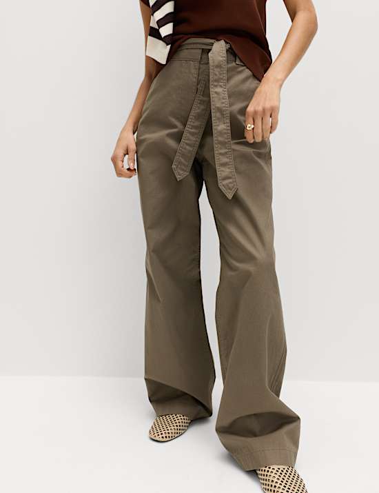 Pure Cotton Belted Straight Leg Trousers