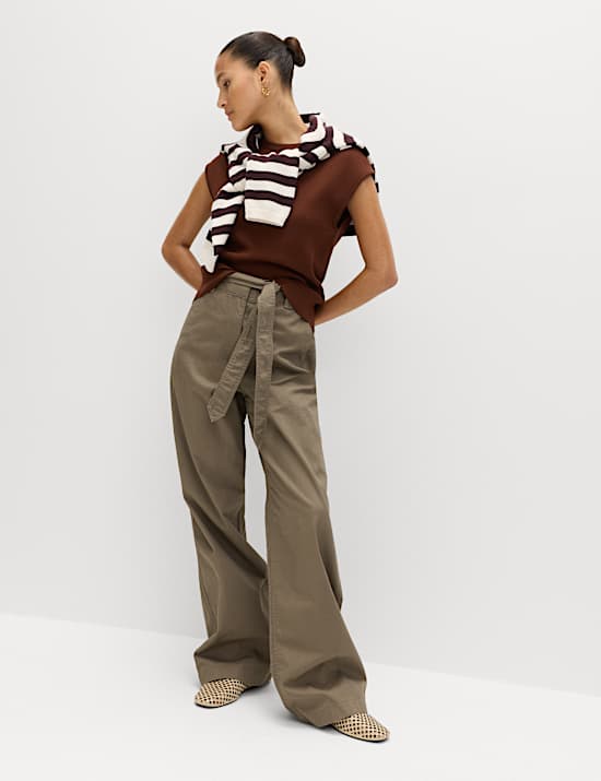 Pure Cotton Belted Straight Leg Trousers