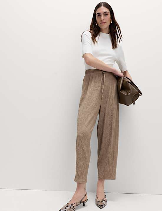 Textured Elasticated Waist Carrot Leg Trousers