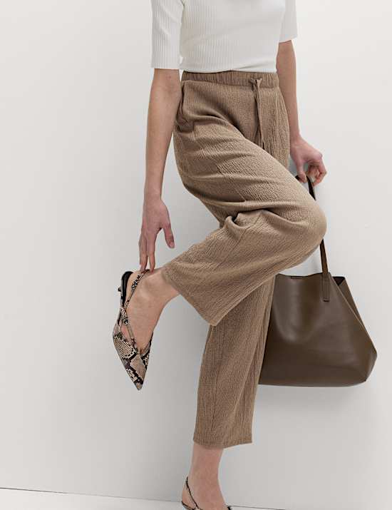 Textured Elasticated Waist Carrot Leg Trousers