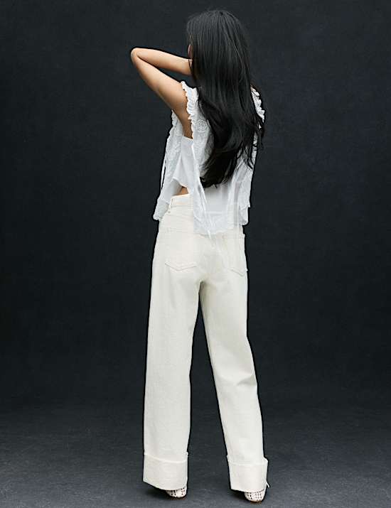 Jeans met hoge taille, wijde pijpen en omslag