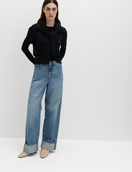 High Waisted Wide Leg Turn Up Jeans