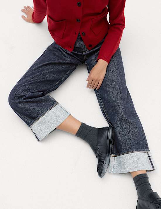 High Waisted Wide Leg Turn Up Jeans