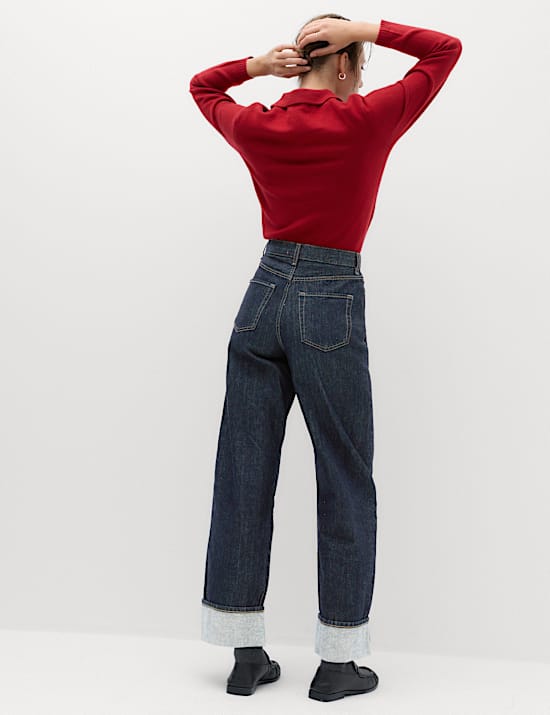 High Waisted Wide Leg Turn Up Jeans