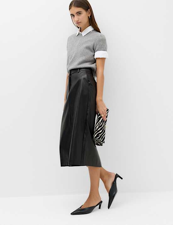 Leather Look Split Back Midi Skirt