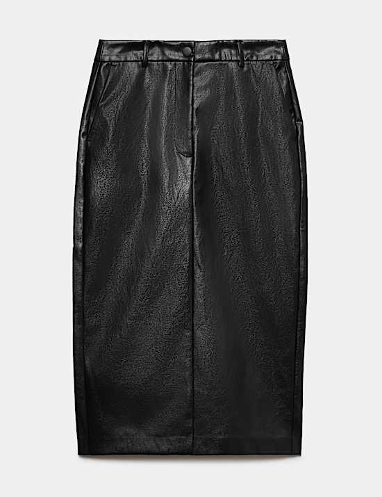 Leather Look Split Back Midi Skirt