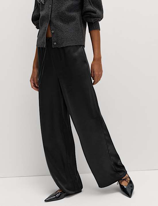 Satin Drawstring Wide Leg Trousers
