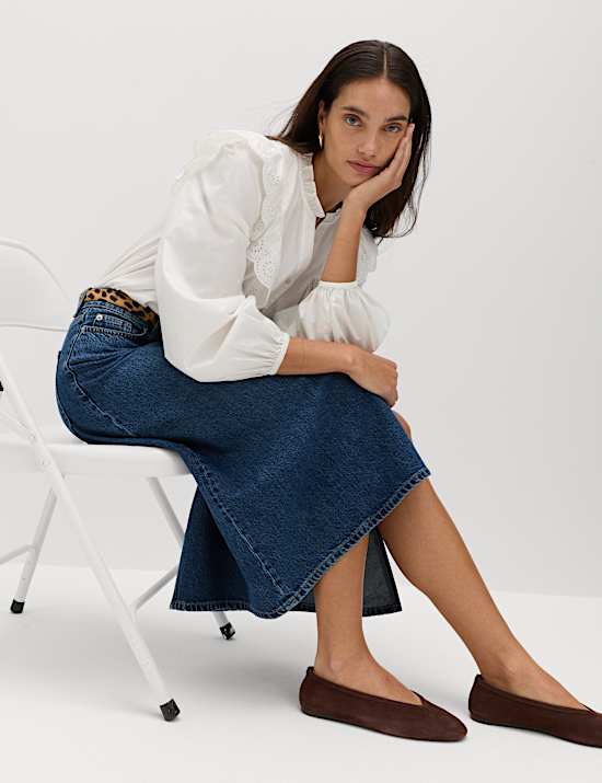 Pure Cotton Denim Assymetric Midi Wrap Skirt