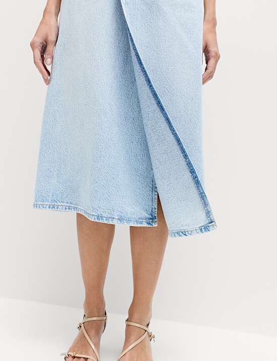 Pure Cotton Denim Asymmetric Midi Wrap Skirt