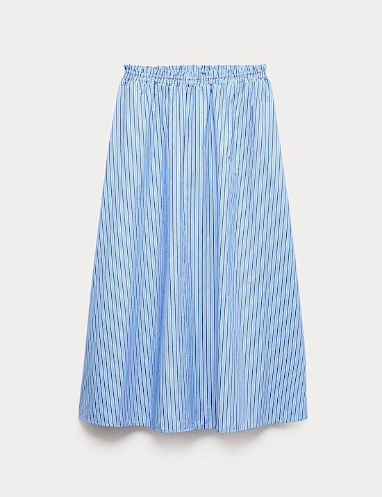 Pure Cotton Poplin Striped Pleated Midi Skirt