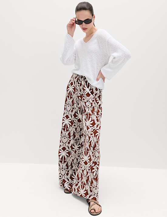 Printed Pull On Wide Leg Trousers