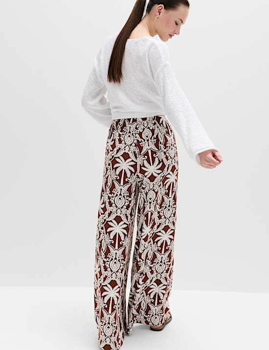 Printed Pull On Wide Leg Trousers