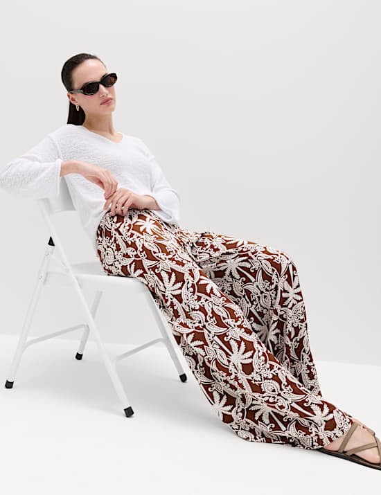 Printed Pull On Wide Leg Trousers