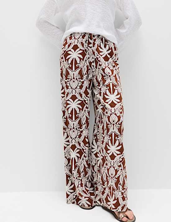 Printed Pull On Wide Leg Trousers