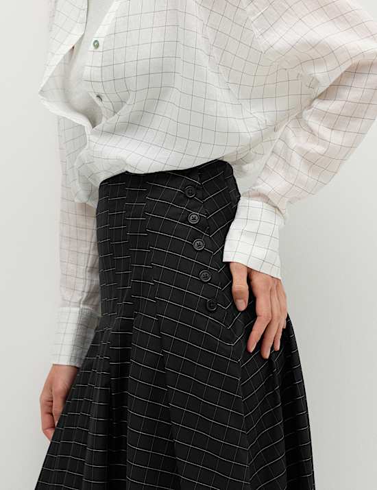 Cotton Rich Checked Button Detail Maxi Skirt