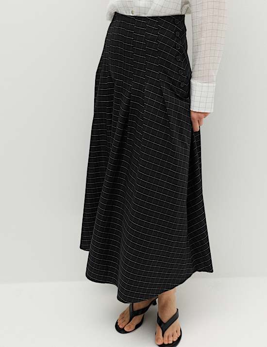Cotton Rich Checked Button Detail Maxi Skirt