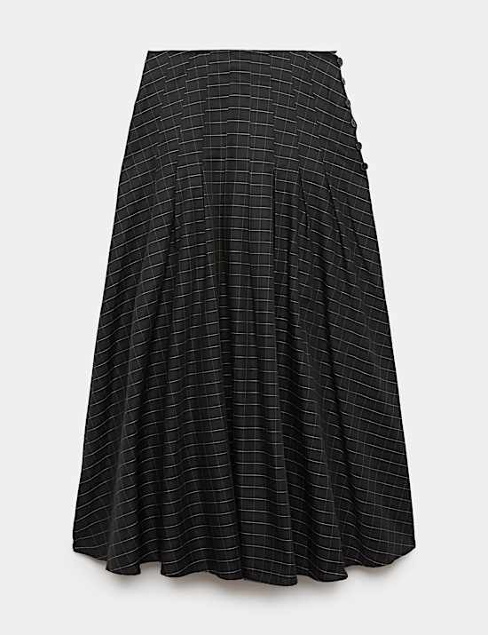 Cotton Rich Checked Button Detail Maxi Skirt